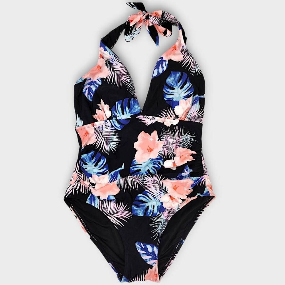 DKNY Womens Swimsuit Sz XXL Floral Navy Halter Tie High Cut Legs Ruched Tummy NW